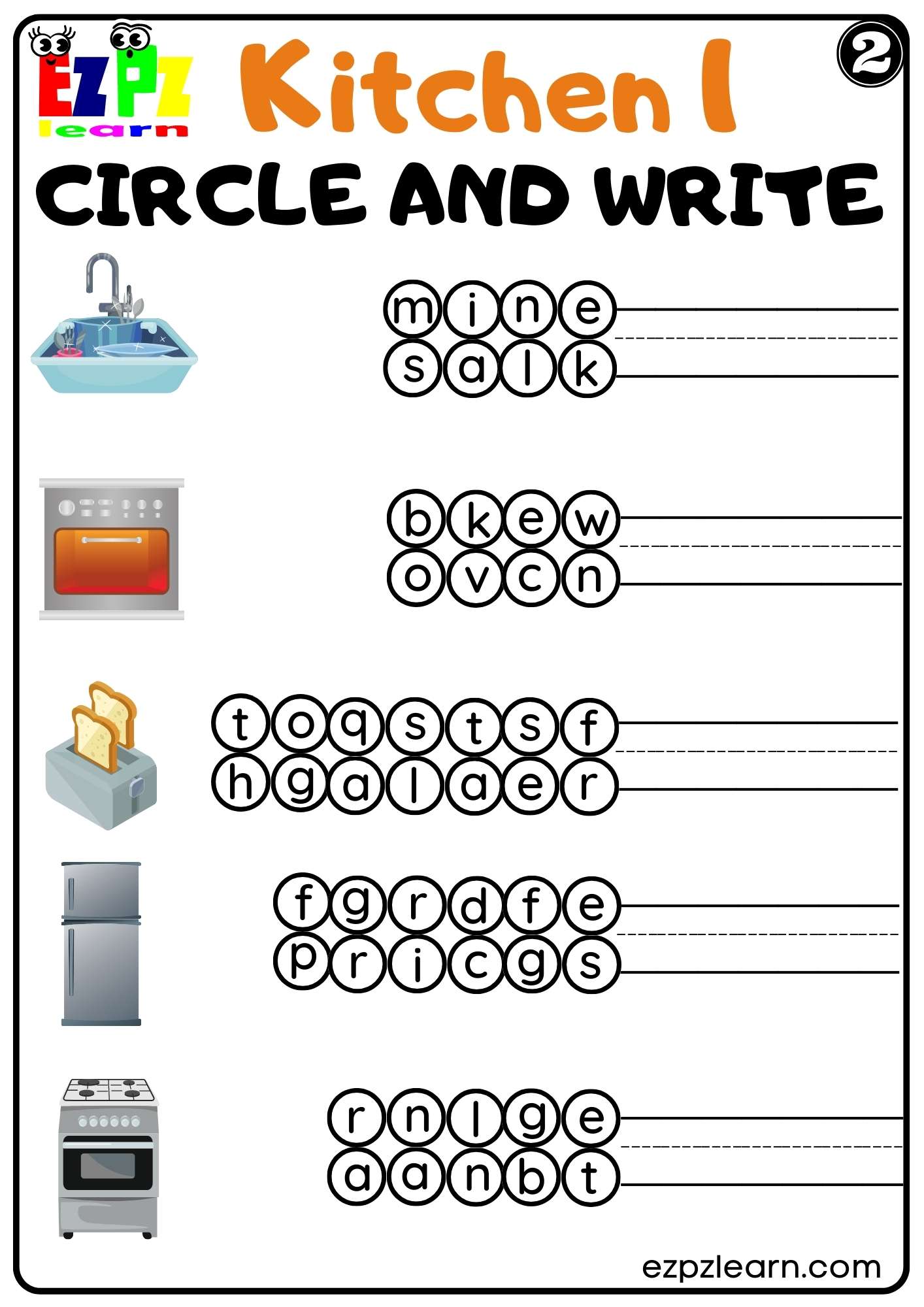 Kitchen Appliances Circle and Write Worksheet for Homeschool and ESL PDF Download Set 2